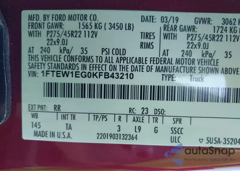 2019 Ford F-150 Limited z USA, uszkodzony, nr VIN 1FTEW1EG0KFB43210